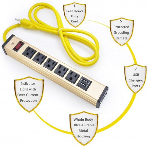 دسکتاپ 5 پانل تخت پاور قدرت با شارژر USB، 5 سوکت قدرت نوار 5V 2.4A / 1A